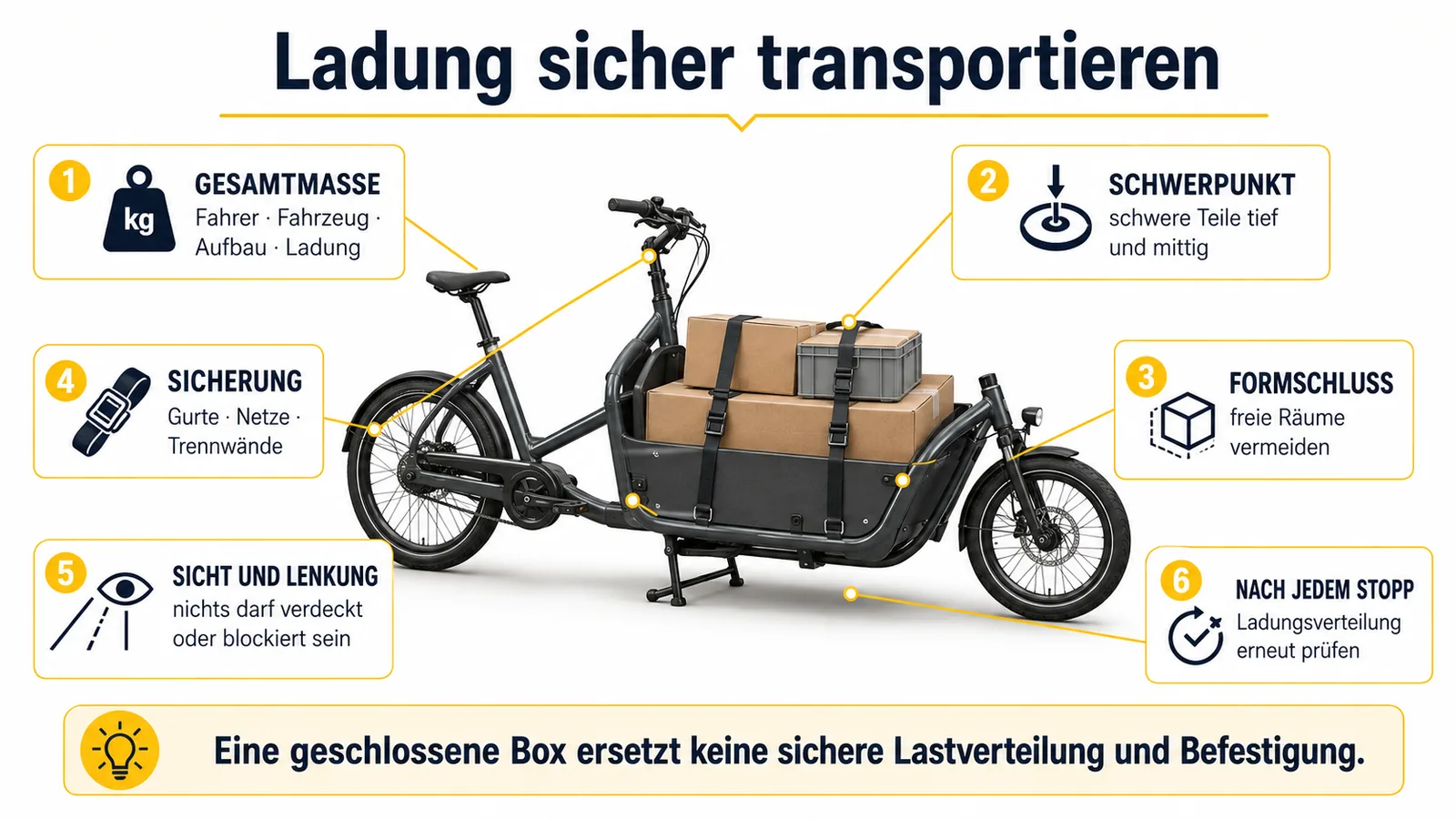 Sechs Prüfpunkte für Gesamtmasse, Schwerpunkt und Ladungssicherung bei einem gewerblichen Lastenrad