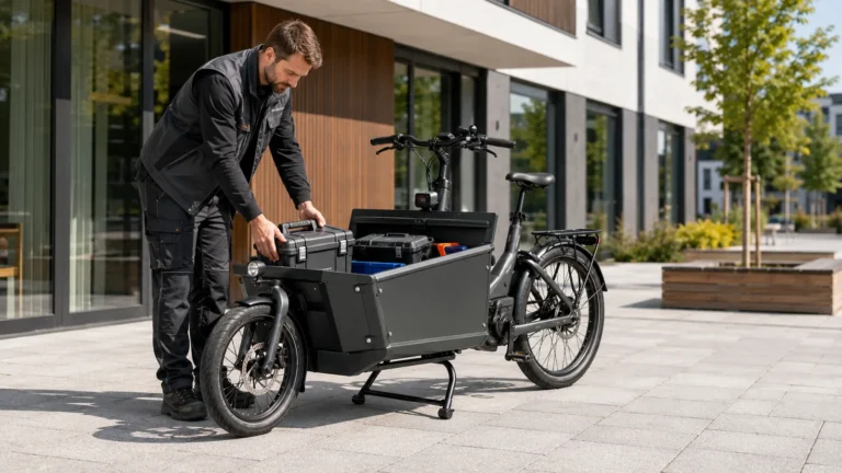 Handwerker belädt ein elektrisches Lastenrad mit gesicherten Werkzeugkoffern vor einem städtischen Gebäude