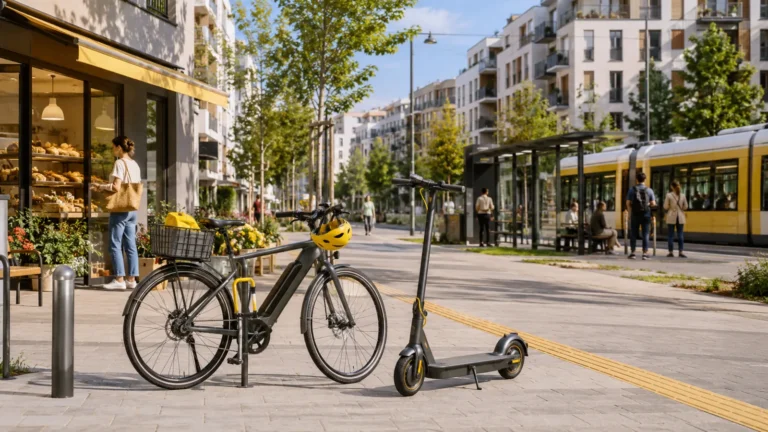 Stadtleben ohne eigenes Auto mit Fahrrad E-Scooter und ÖPNV im Mobilitätsmix