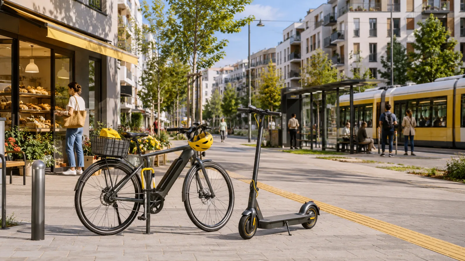 Stadtleben ohne eigenes Auto mit Fahrrad E-Scooter und ÖPNV im Mobilitätsmix