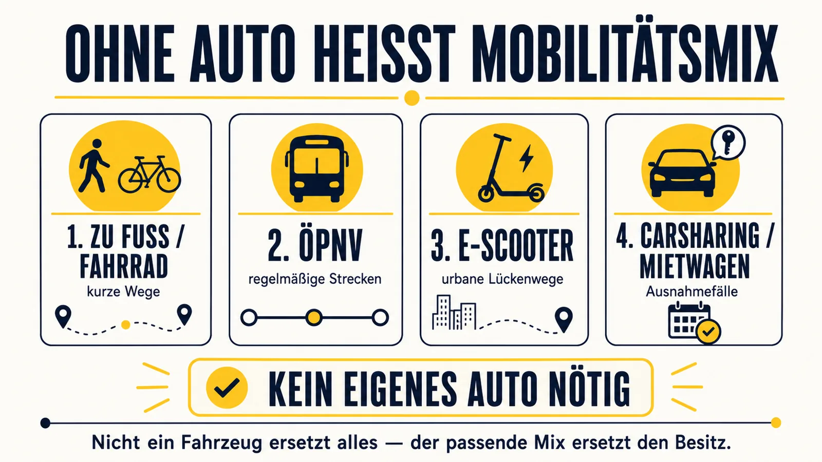 Infografik zum Mobilitätsmix beim Leben ohne eigenes Auto in der Stadt