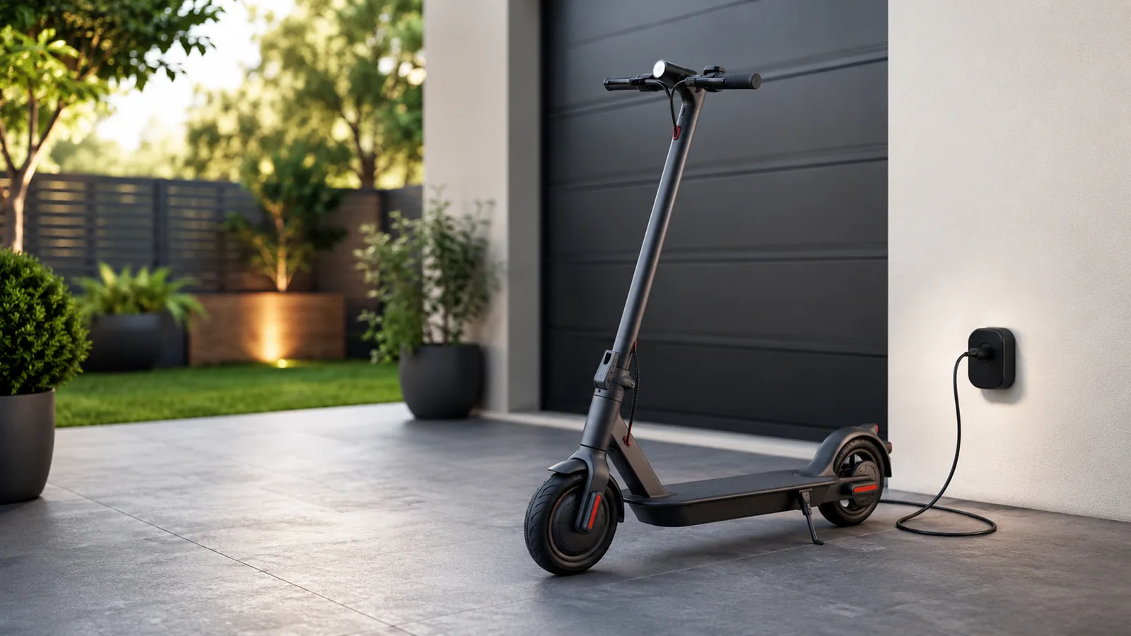 Schwarzer E-Scooter lädt über eine Wandbox an der Garageneinfahrt und zeigt sachlich den Zusammenhang von Akku und Leistung