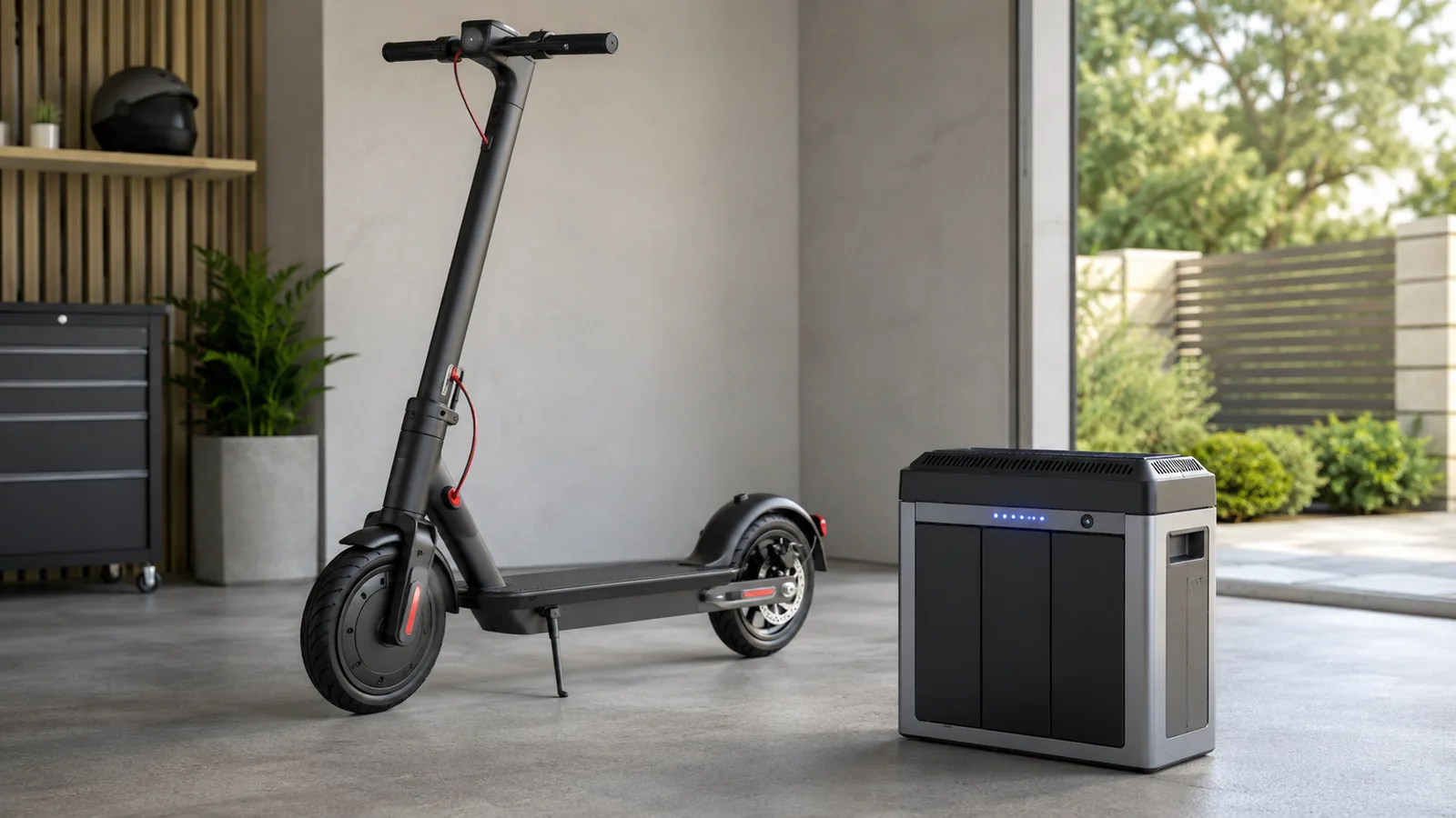 Schwarzer E-Scooter neben einer modernen Akku-Speicherbox in einer aufgeräumten Garage