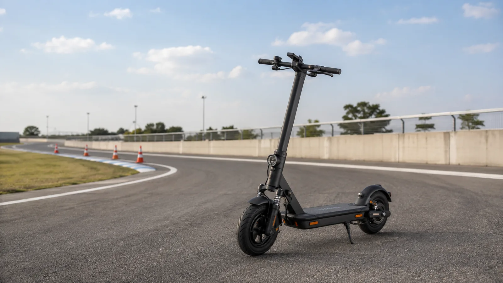 E-Scooter auf abgegrenzter Teststrecke mit weiter Perspektive, ohne Tachowerte