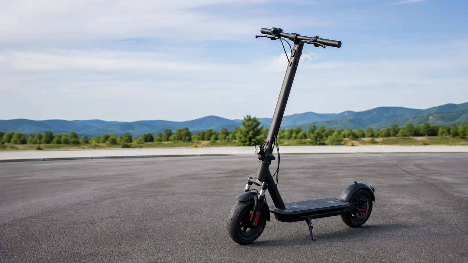 E-Scooter auf weiter asphaltierter Testfläche vor Bergpanorama, ruhige Leistungsdarstellung