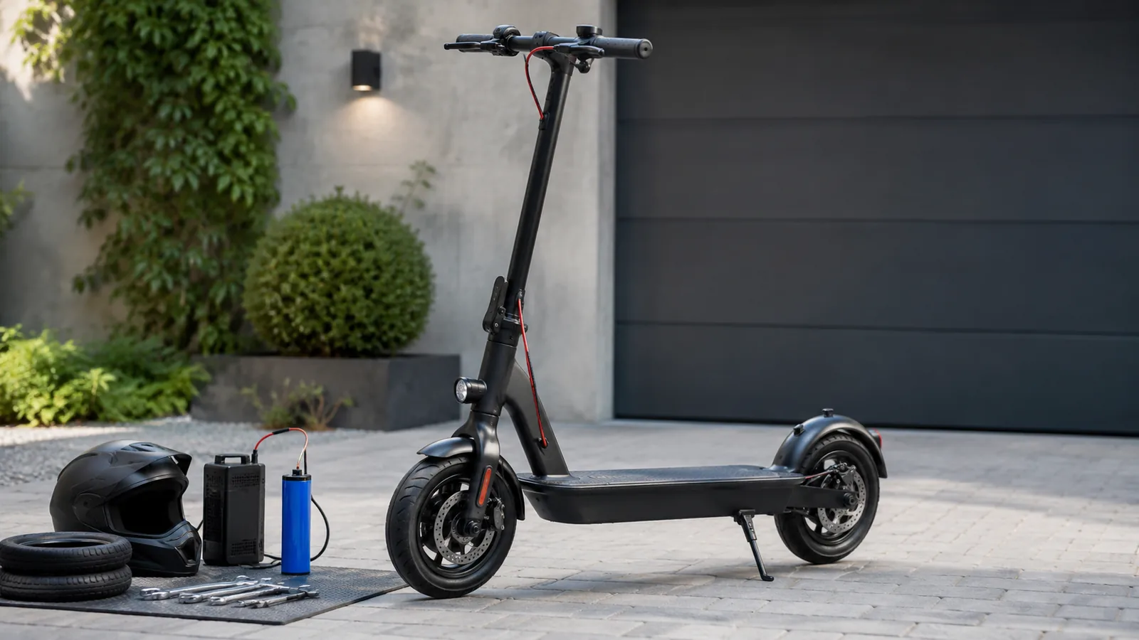 Schwarzer E-Scooter auf Hof neben Helm, Akku, Ladegerät und Werkzeug als sachlicher Technik- und Setup-Fokus für mehr Leistung