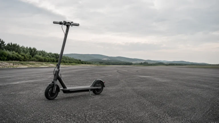 Schwarzer E-Scooter auf weiter asphaltierter Testfläche mit Hügeln am Horizont, sachliche Darstellung der Leistungsgrenze