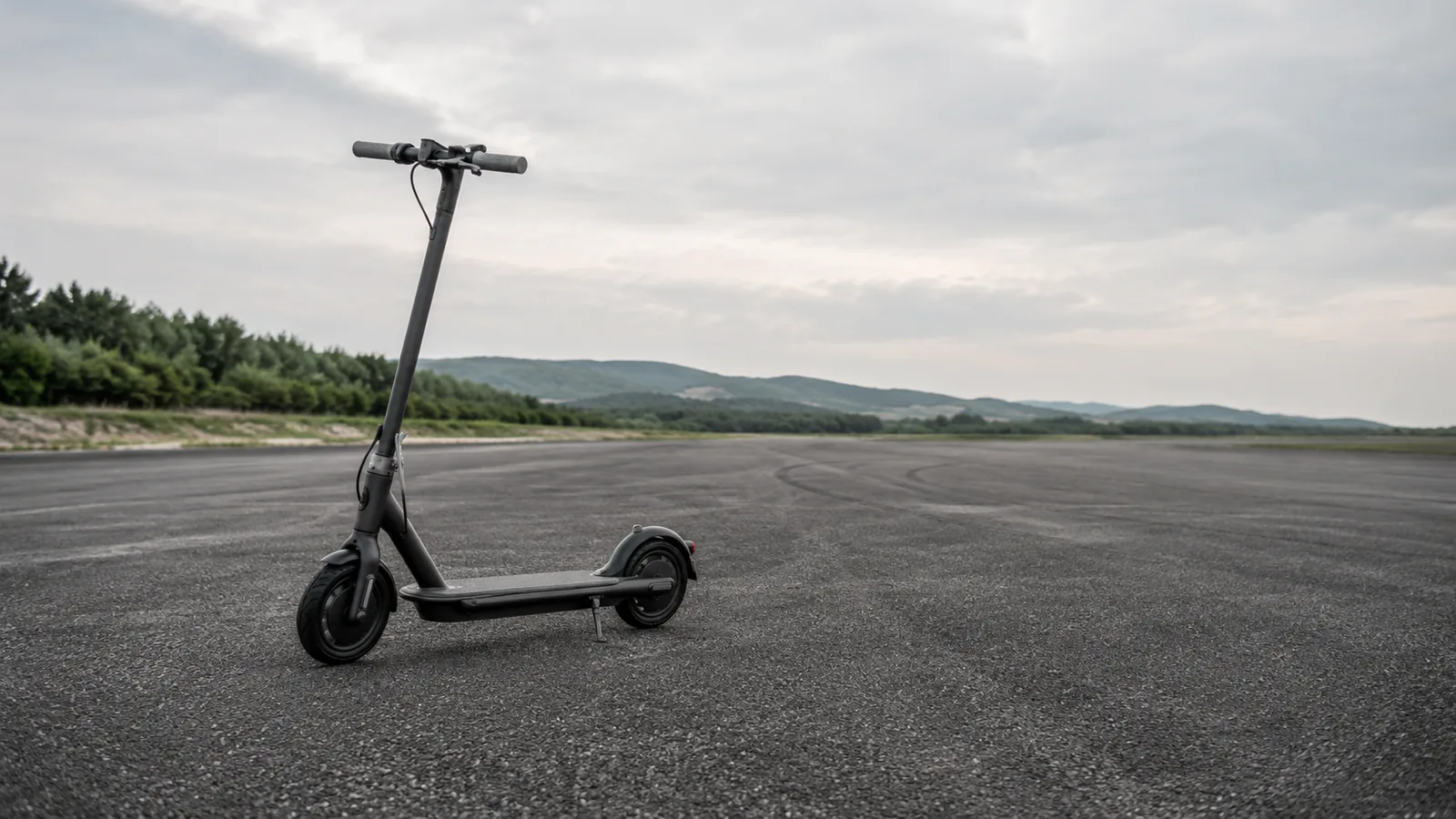 Schwarzer E-Scooter auf weiter asphaltierter Testfläche mit Hügeln am Horizont, sachliche Darstellung der Leistungsgrenze