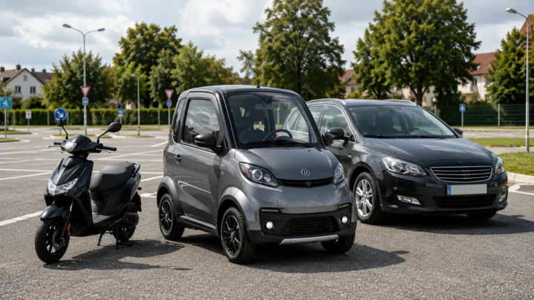 Microcar zwischen E-Roller und normalem Pkw im Größenvergleich