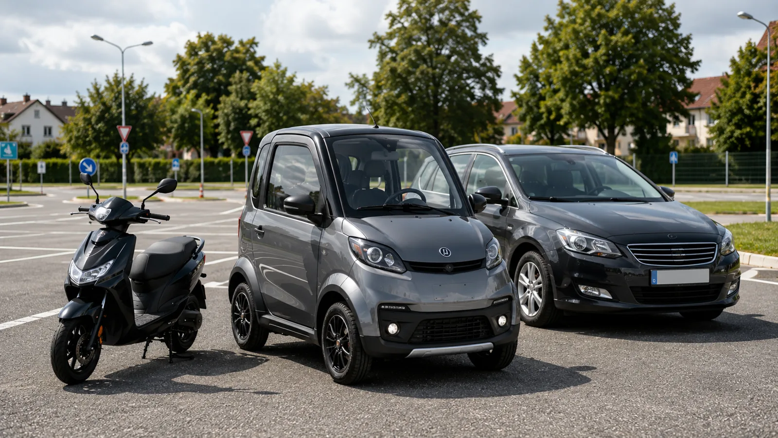 Microcar zwischen E-Roller und normalem Pkw im Größenvergleich