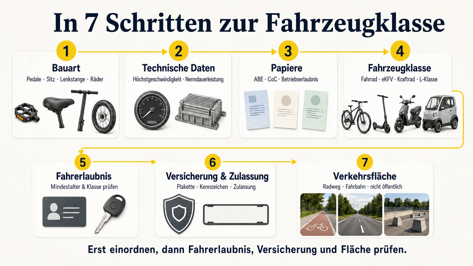 In 7 Schritten zur Fahrzeugklasse: Bauart, Geschwindigkeit und Leistung, Papiere, Fahrzeugklasse, Führerschein, Versicherung und Zulassung, Verkehrsfläche