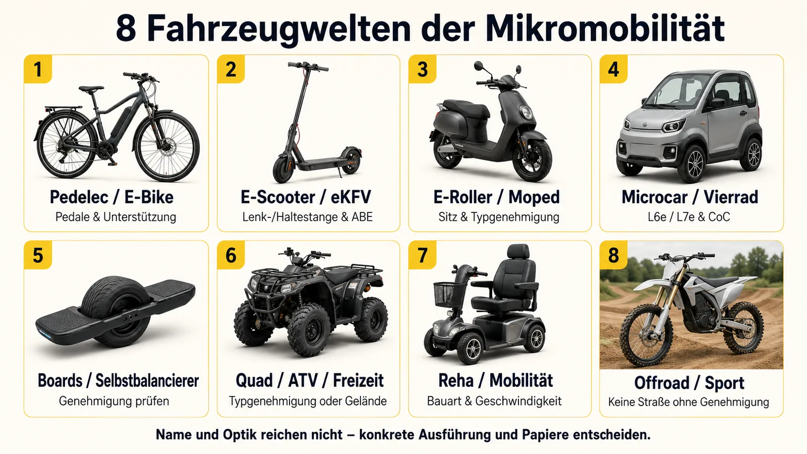 Acht Fahrzeugwelten der Mikromobilität: Pedelec, Elektrokleinstfahrzeug, E-Roller, leichtes Vierradfahrzeug, Board, Quad, Mobilitätshilfe und Offroad