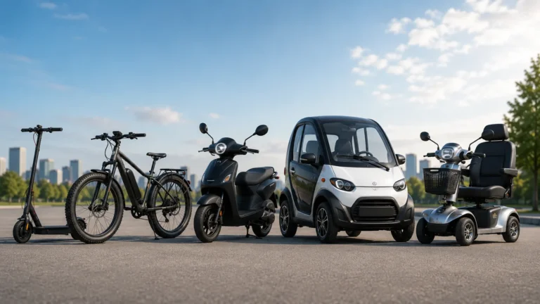 E-Scooter, E-Bike, E-Roller, Microcar und Seniorenmobil nebeneinander im Größenvergleich