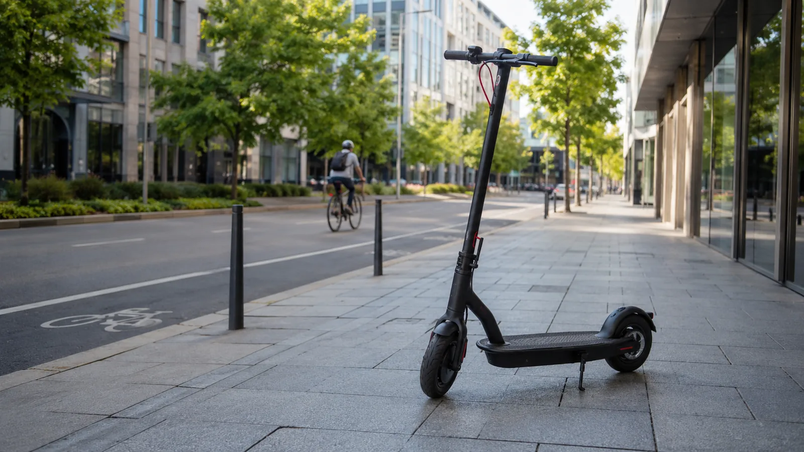 Schwarzer E-Scooter parkt am Gehweg neben Radweg, im Hintergrund ein Radfahrer in der Stadt