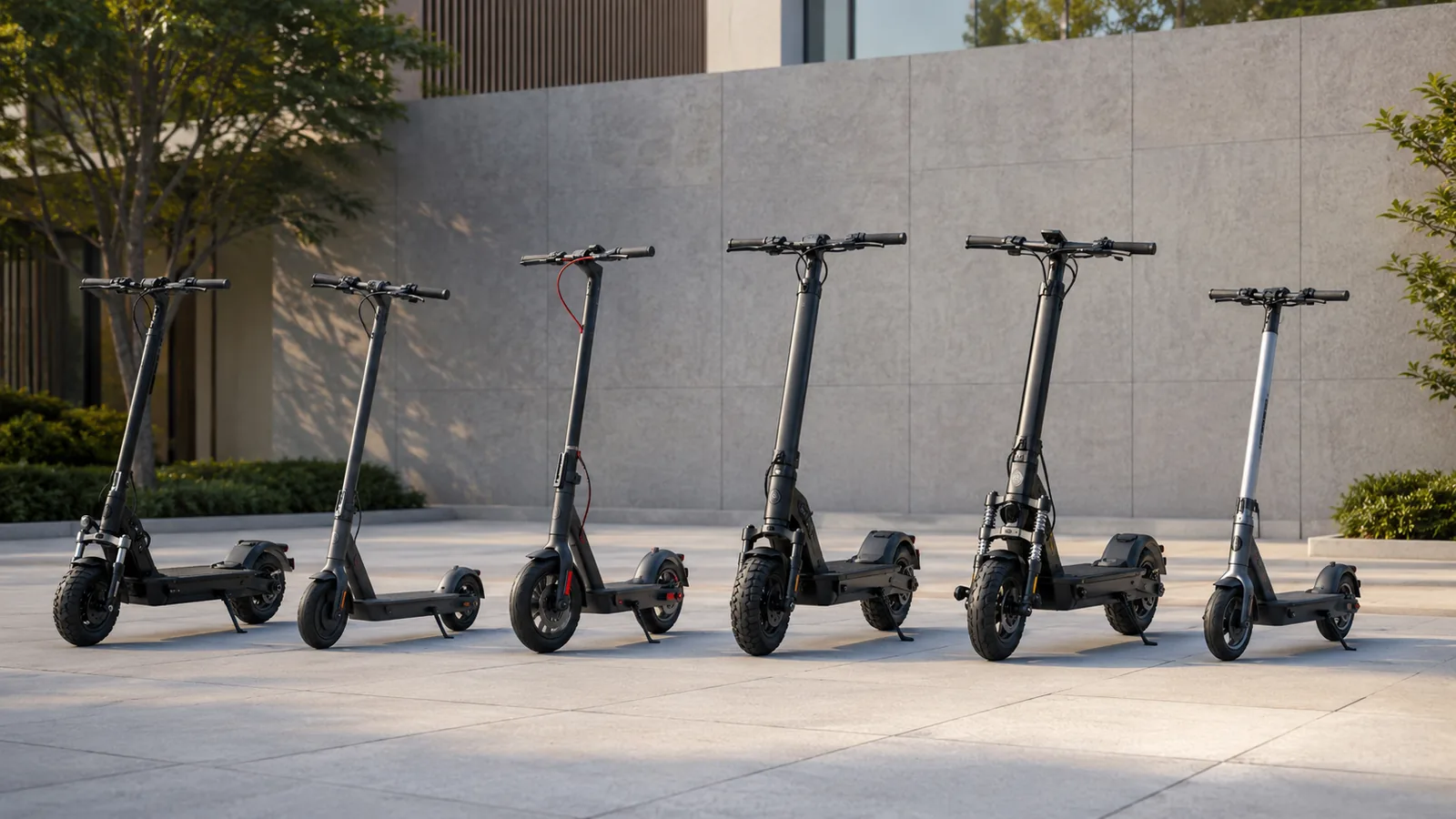 Sechs markenneutrale E-Scooter-Modelle nebeneinander auf modernem Hof im Performance-Vergleich