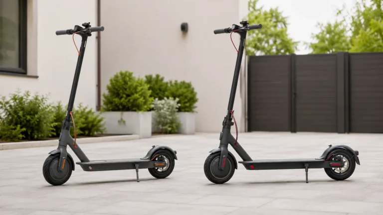 Zwei ähnliche E-Scooter-Modelle nebeneinander mit kleinen Unterschieden, ohne Logos