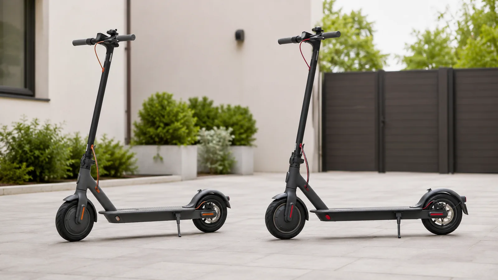 Zwei ähnliche E-Scooter-Modelle nebeneinander mit kleinen Unterschieden, ohne Logos
