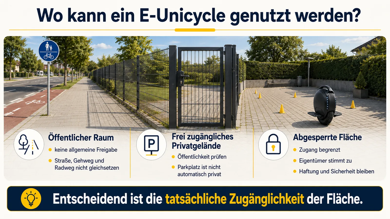 Wo ein E-Unicycle genutzt werden kann: öffentlicher Raum ohne Freigabe, frei zugängliches Privatgelände mit Öffentlichkeitsprüfung und abgesperrte Fläche mit begrenztem Zugang