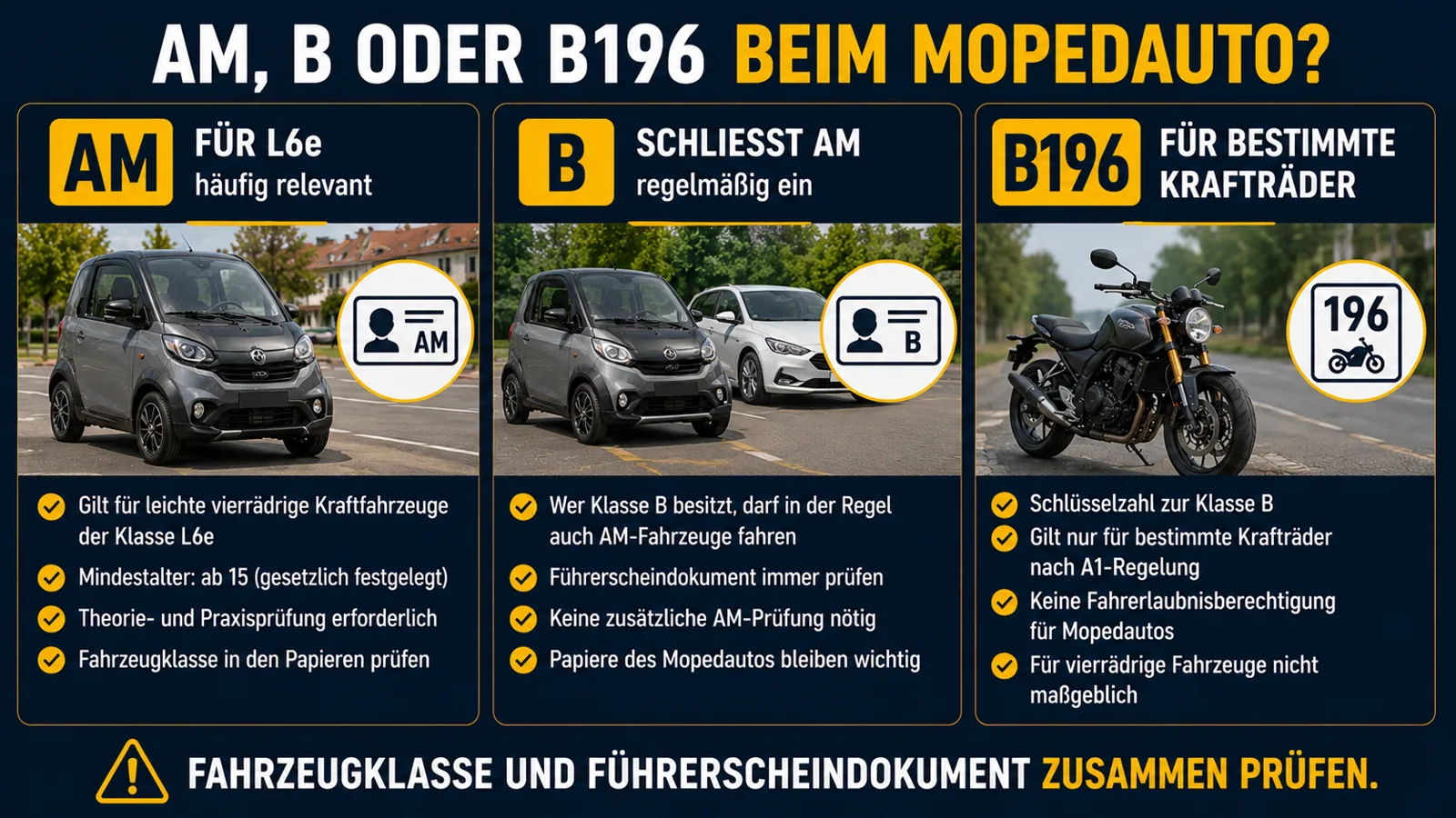 Vergleich von AM, B und B196 für Mopedautos