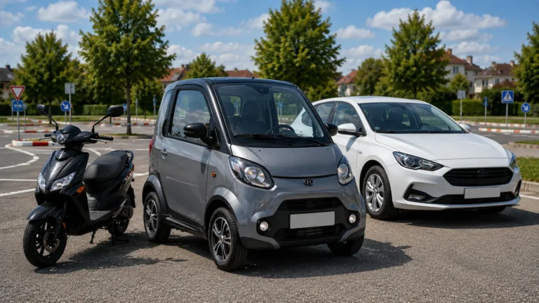 Mopedauto zwischen Motorroller und normalem Pkw auf einem Verkehrsübungsplatz