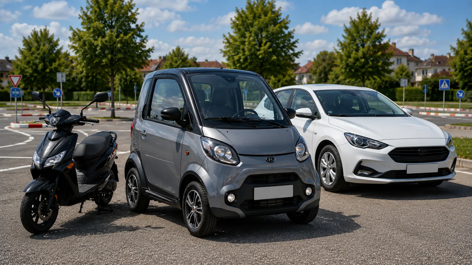 Mopedauto zwischen Motorroller und normalem Pkw auf einem Verkehrsübungsplatz