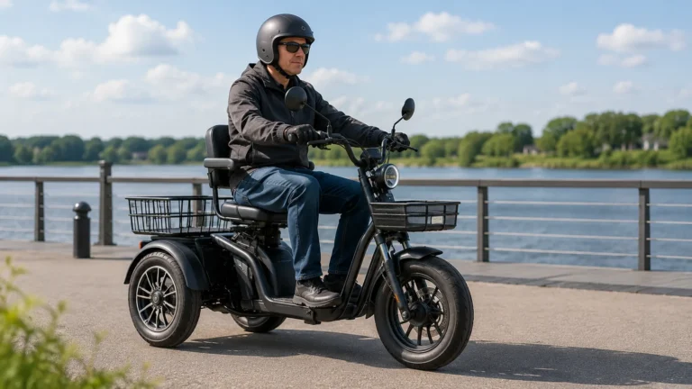 Offenes dreirädriges Elektro-Trike mit Fahrer und Helm auf abgesperrter Testfläche in der Seitenansicht