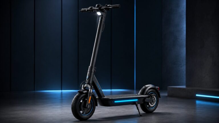 Moderner schwarzer E-Scooter mit blauer Akzentbeleuchtung auf neutralem dunklem Hintergrund