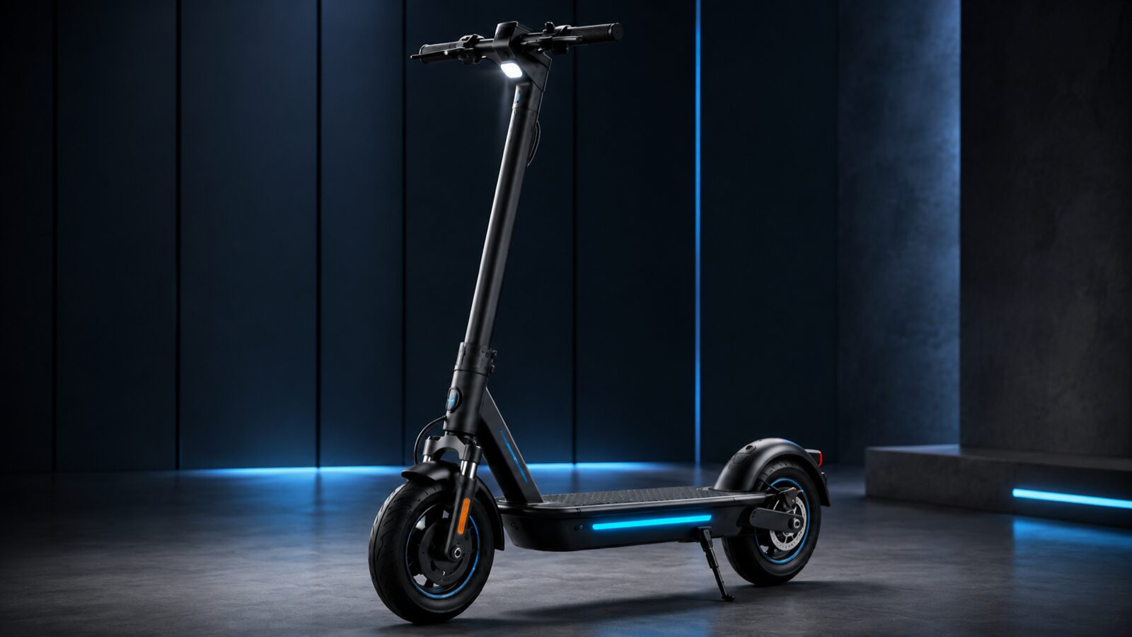 Moderner schwarzer E-Scooter mit blauer Akzentbeleuchtung auf neutralem dunklem Hintergrund