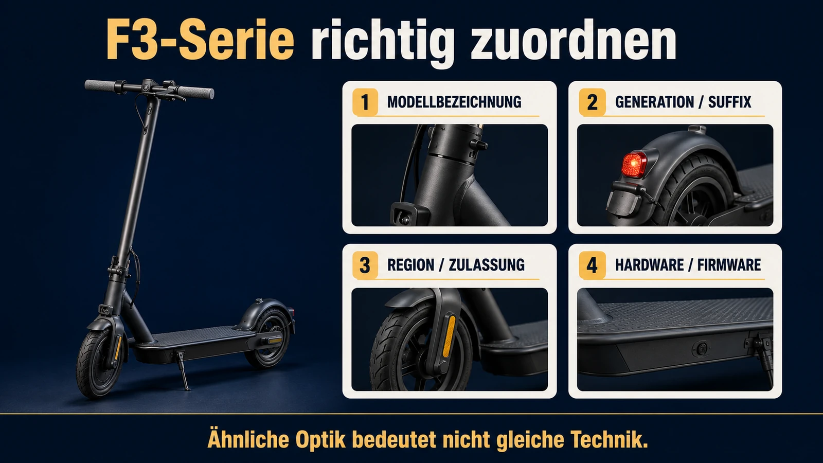 Infografik: F3-Serie richtig zuordnen – Modellbezeichnung, Generation und Suffix, Region und Zulassung, Hardware und Firmware