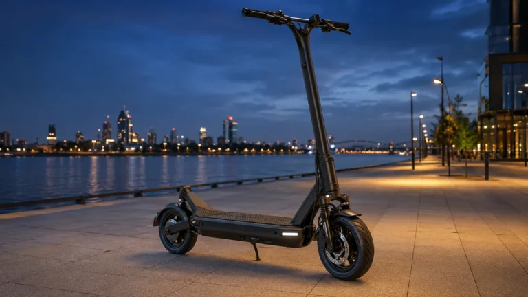 Ninebot G3 E-Scooter auf einer Uferpromenade in der Abenddämmerung