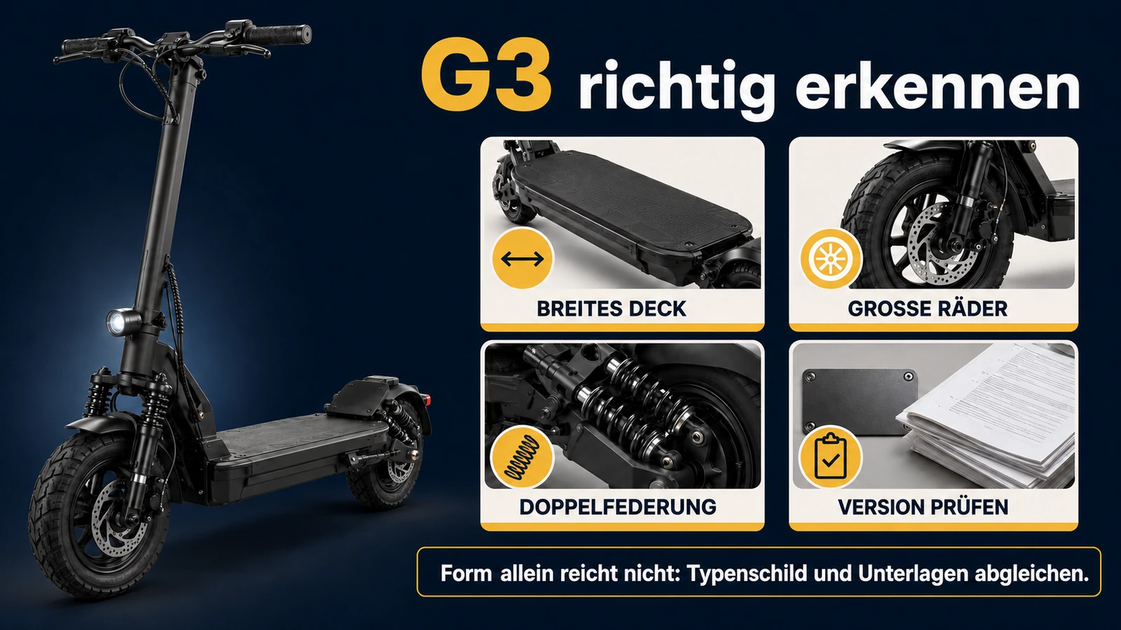 Infografik: Ninebot G3 richtig erkennen – breites Deck, große Räder, Doppelfederung, Version prüfen