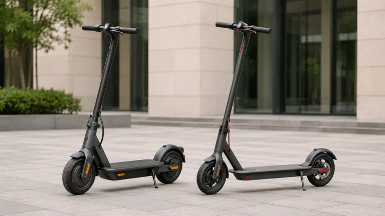 Zwei markenneutrale schwarze E-Scooter nebeneinander auf gepflastertem Platz im direkten Vergleich