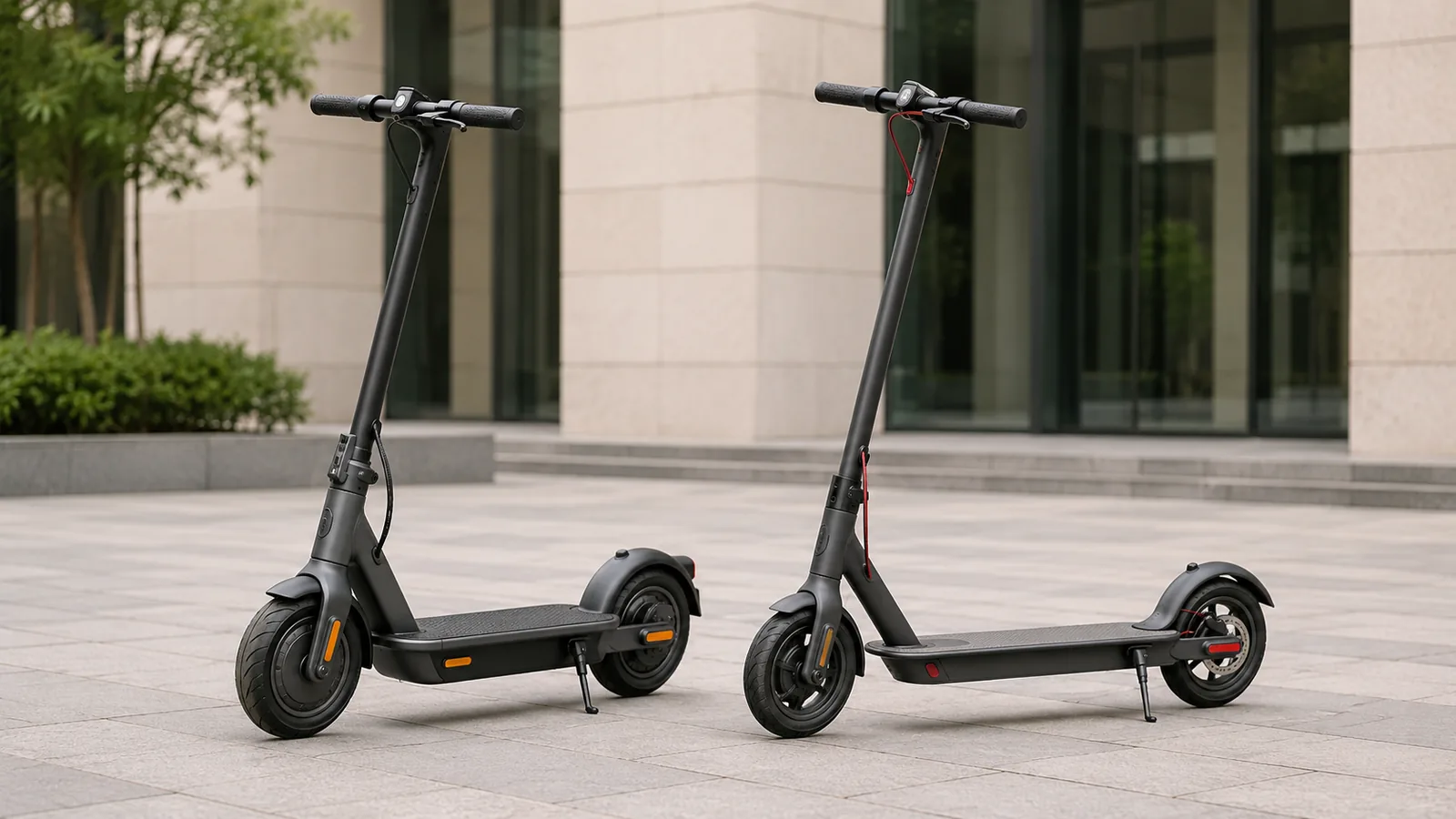 Zwei markenneutrale schwarze E-Scooter nebeneinander auf gepflastertem Platz im direkten Vergleich