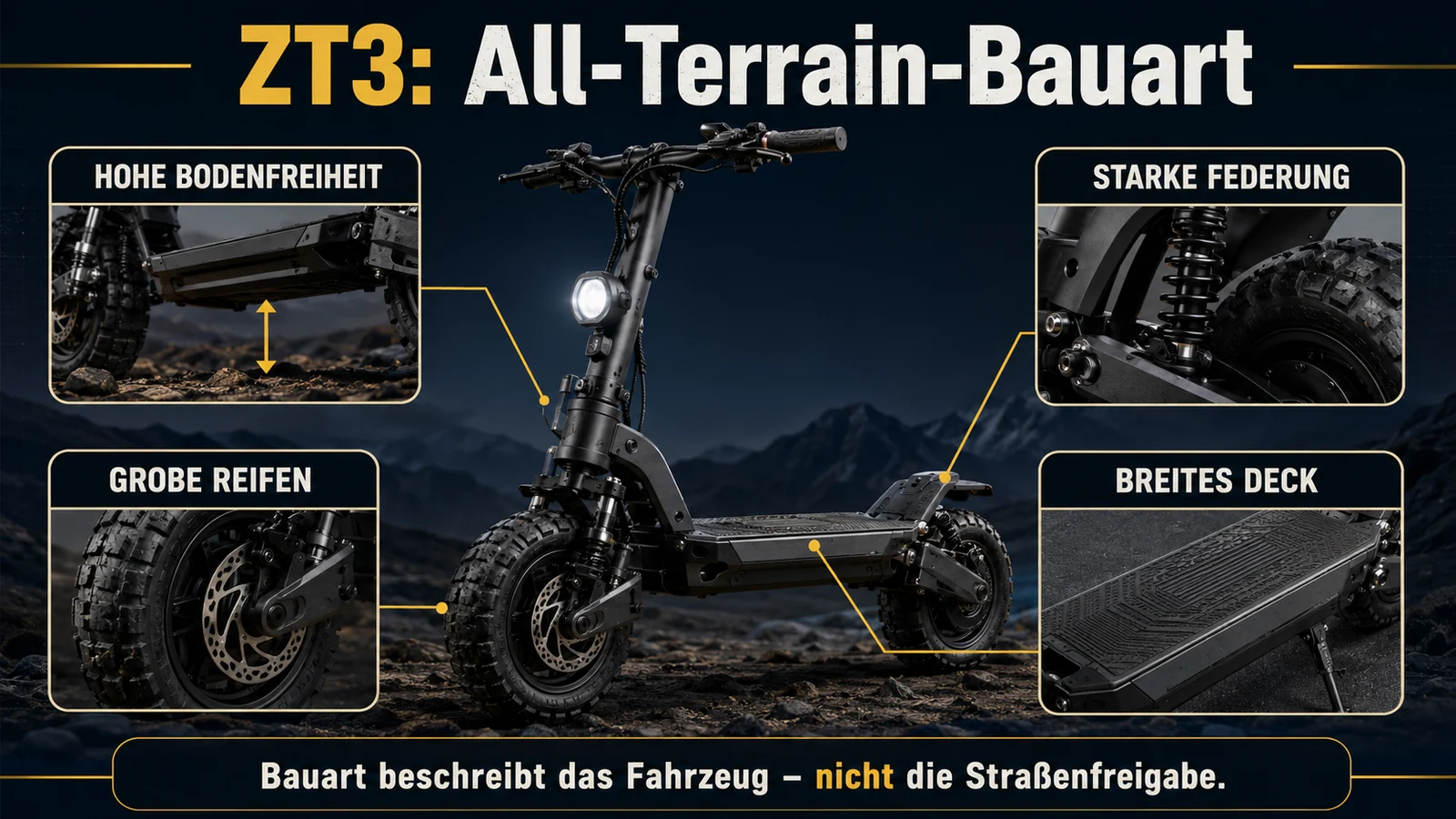 Infografik: ZT3 All-Terrain-Bauart – hohe Bodenfreiheit, starke Federung, grobe Reifen, breites Deck