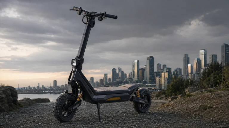 Ninebot ZT3 All-Terrain-E-Scooter auf felsigem Untergrund vor Stadtkulisse
