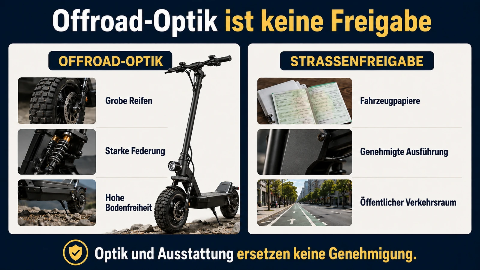 Infografik: Offroad-Optik ist keine Freigabe – grobe Reifen und Federung gegen Fahrzeugpapiere und genehmigte Ausführung