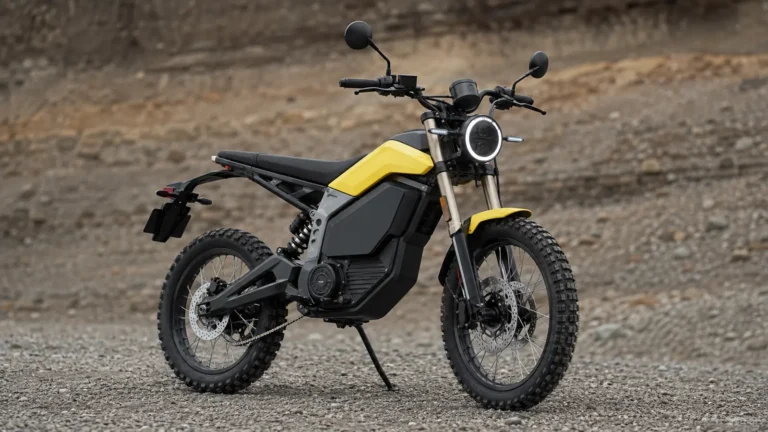 NIU XQi3 Elektro-Scrambler in Gelb-Schwarz mit Straßenausstattung auf Schotter