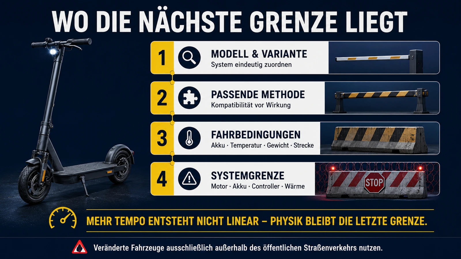 Infografik Systemgrenzen beim E-Scooter-Tuning: Motor, Akku, Controller, Wärme
