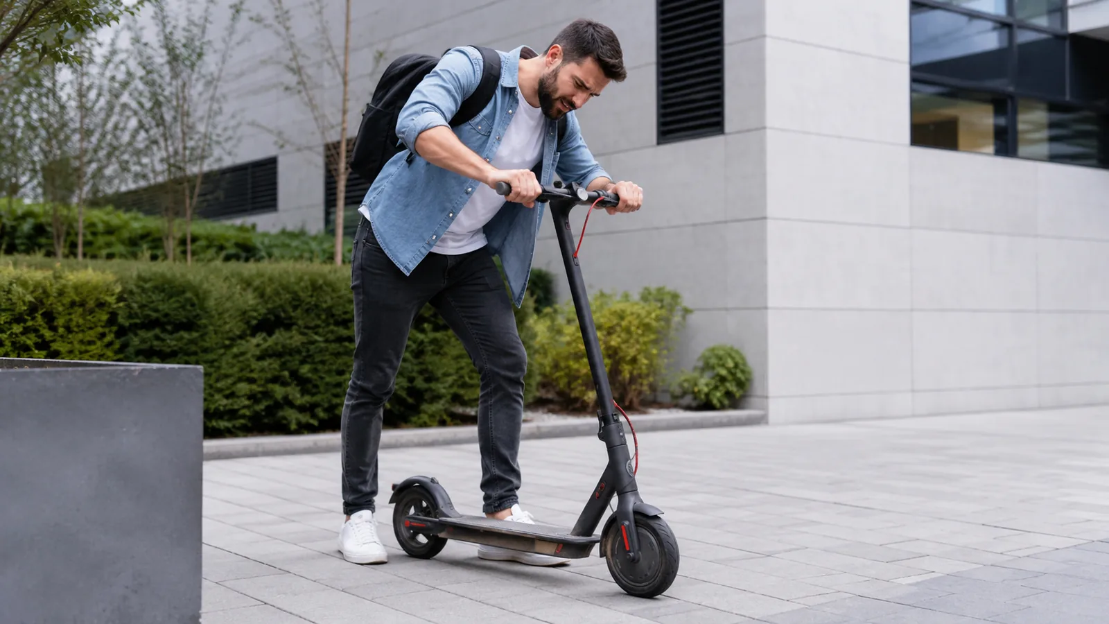 Mann mit Rucksack beugt sich angestrengt über den Lenker seines E-Scooters