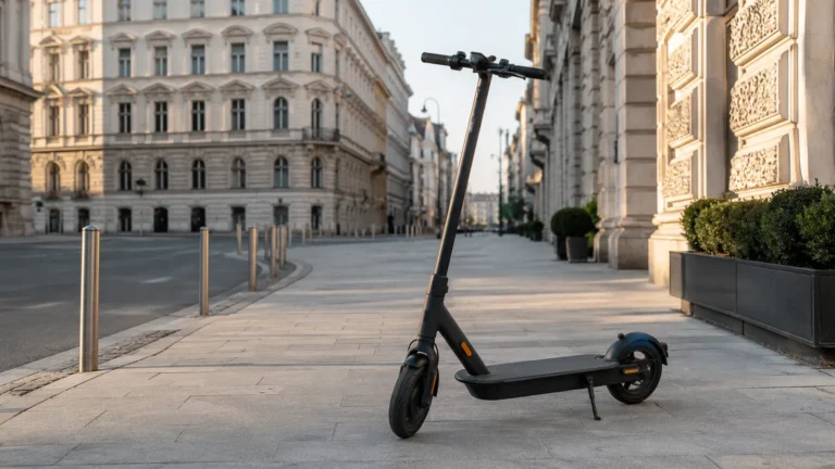 E-Scooter in österreichisch wirkender Stadt- und Altbauumgebung