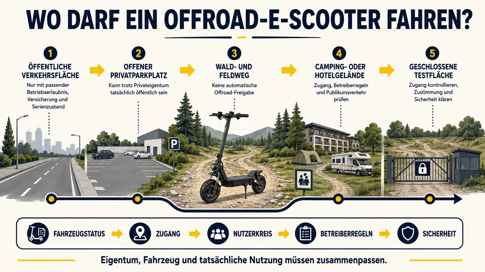 Infografik: Wo darf ein Offroad-E-Scooter fahren? Fünf Flächen von öffentlicher Verkehrsfläche über Privatparkplatz, Wald- und Feldweg und Campinggelände bis zur geschlossenen Testfläche