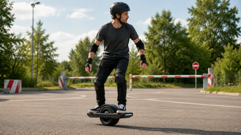 Fahrer auf einem Onewheel auf einer abgesperrten nichtöffentlichen Trainingsfläche