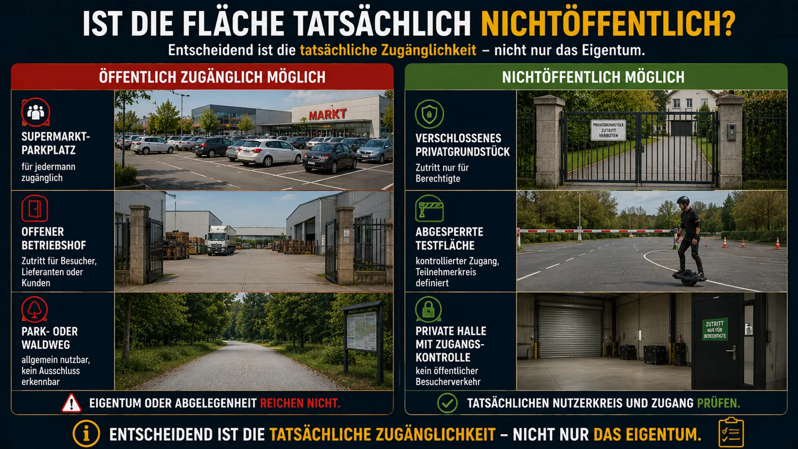 Öffentlich zugängliche und mögliche nichtöffentliche Flächen für ein Onewheel