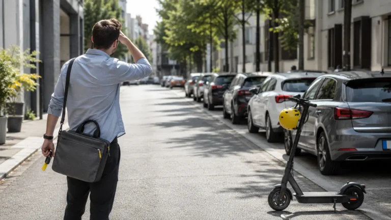 Parkplatzsuche in der Stadt mit Auto und E-Scooter als stressfreie Alternative für kurze Wege