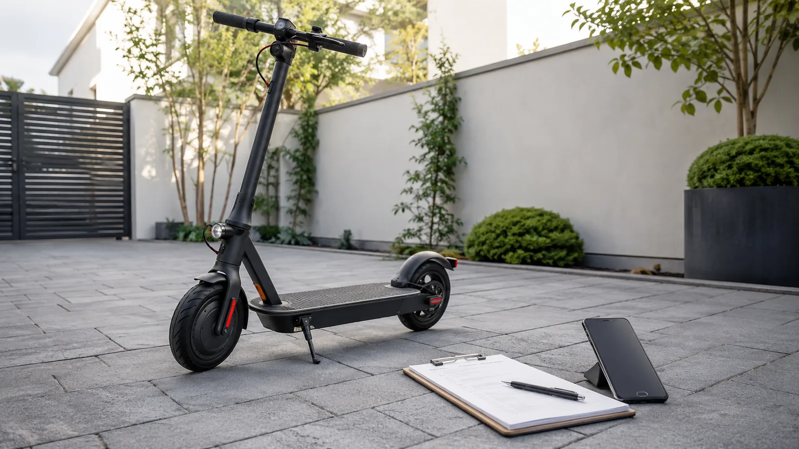 E-Scooter neben Klemmbrett mit Checkliste, Stift und Smartphone auf gepflastertem Hof zur Prüfung