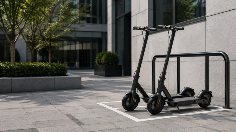 Zwei E-Scooter stehen geordnet an einem Bügel in einer markierten Parkfläche auf einem Hof