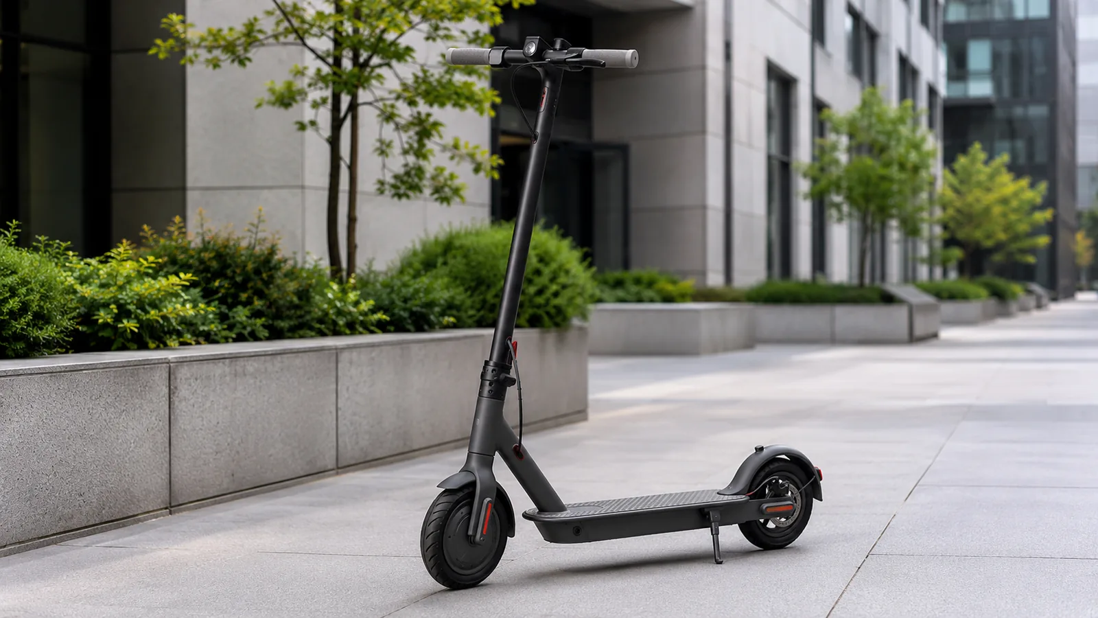 Markenloser Xiaomi-Pro-2-ähnlicher E-Scooter in ruhiger urbaner Umgebung