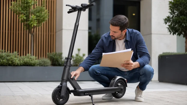 Mann mit Papierdokumenten kniet neben E-Scooter und gleicht die Rahmennummer ab