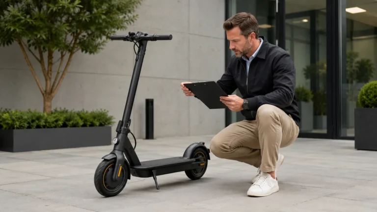 Mann mit Klemmbrett prüft kniend einen schwarzen E-Scooter vor einem Bürogebäude