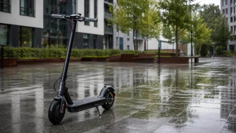 Schwarzer E-Scooter steht auf nasser, spiegelnder Pflasterfläche bei Regen in einem städtischen Innenhof